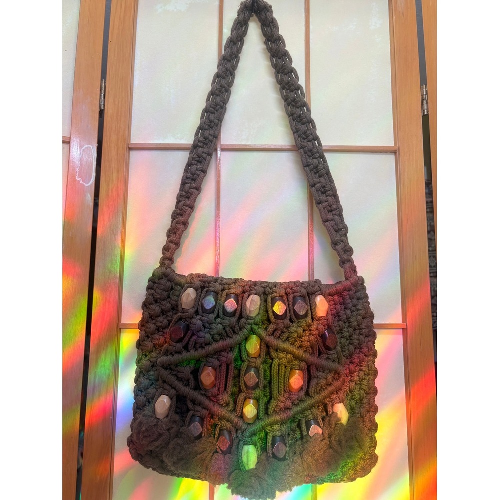Vintage Macrame Wooden Bead Shoulder Bag Bohemian Brown Crochet Purse